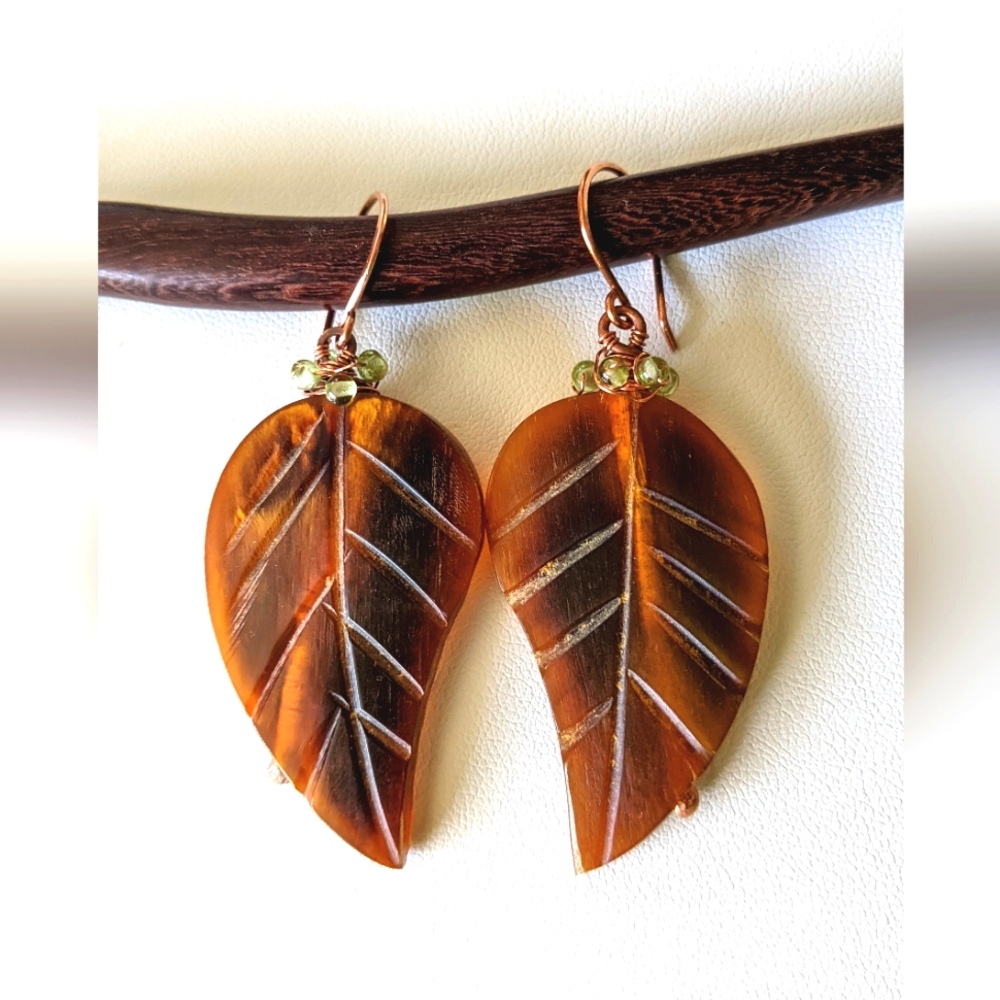 Artisan Autumn Leaf Earrings Carved Horn Hand Wrapped In Solid Copper - Picture 3 of 16